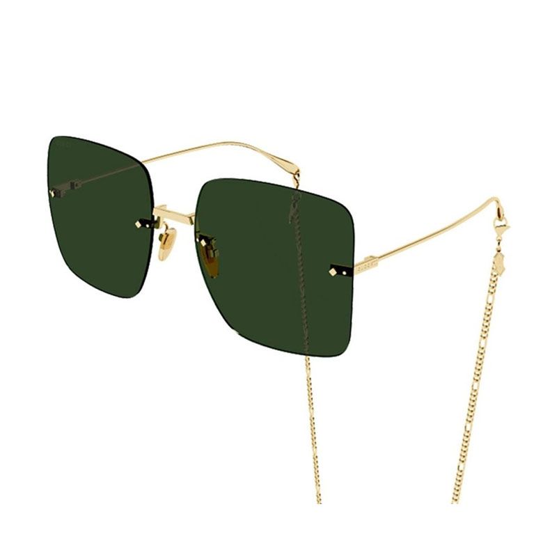 Gucci Sunglasses Butterfly Full Rim, Gold Frame And Dark Green With Gold Chain